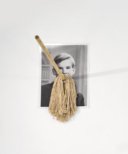 Beard (mop holding photo of artist's father to the wall), Photo-sculpture, 2024